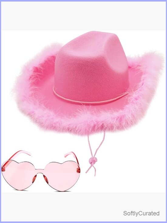 Felt Cowgirl Hat with Feathers & Heart Sunglasses Set for Party Costume